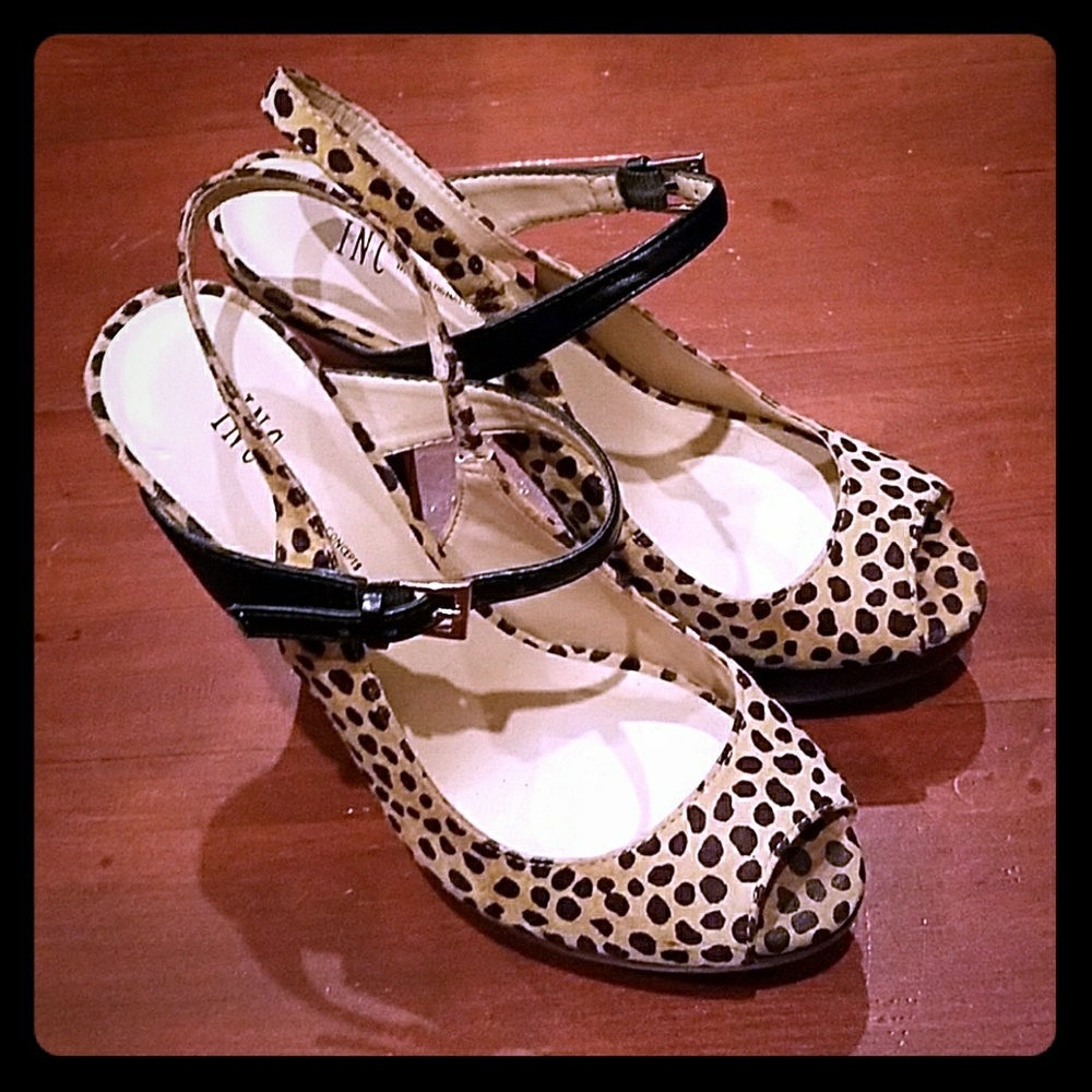 INC Leopard Cheetah Stilettos Peep toe Heels Shoes